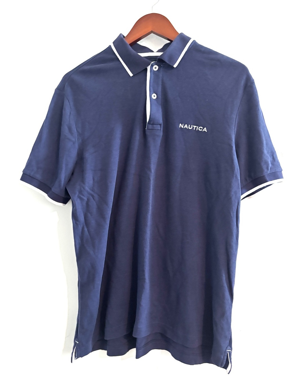 Nautica Size M Navy Polo with White Trim Collar Preppy Shirt